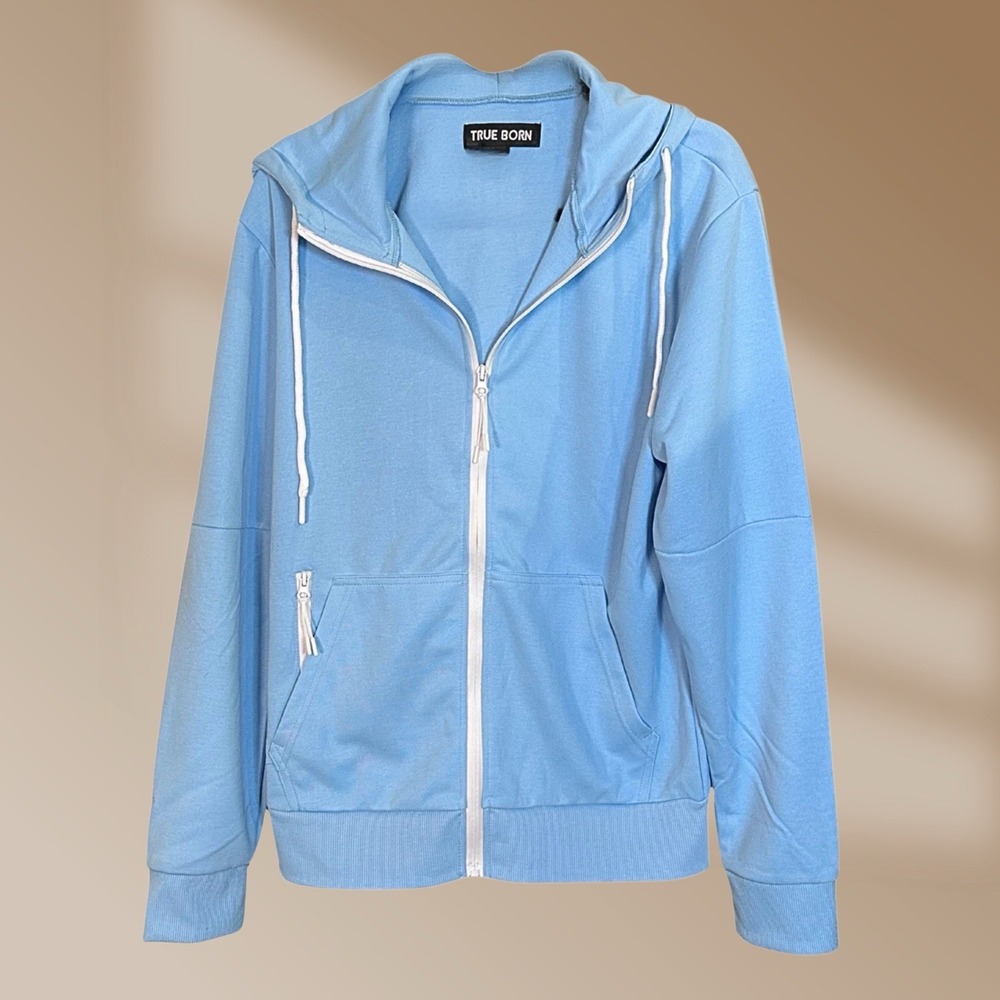 Men's True Born Hooded Zip Up Blue Sweat Jacket Size Medium NWT!